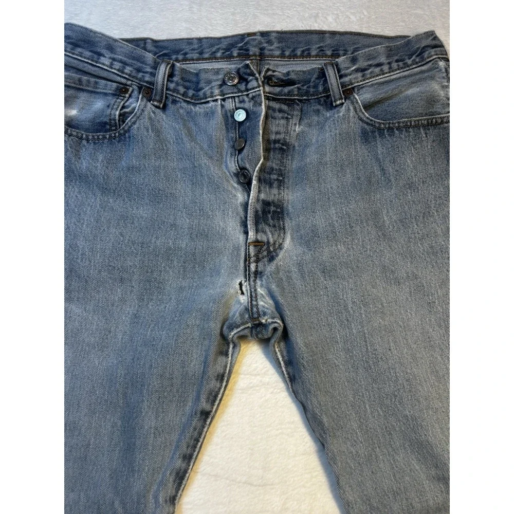 Levis 501 Jeans Mens Fit 36x28 Blue Denim Thrashed Straight Holes Raw‎ Hem